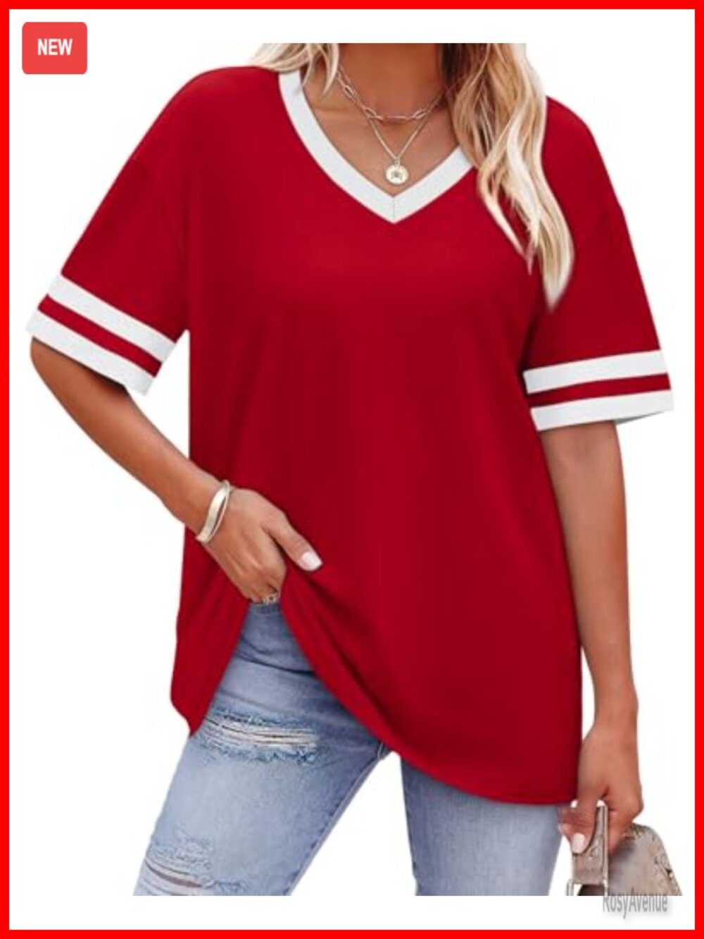 Womens Loose Fit V Neck Short Sleeve T Shirt Color Block Summer Tee